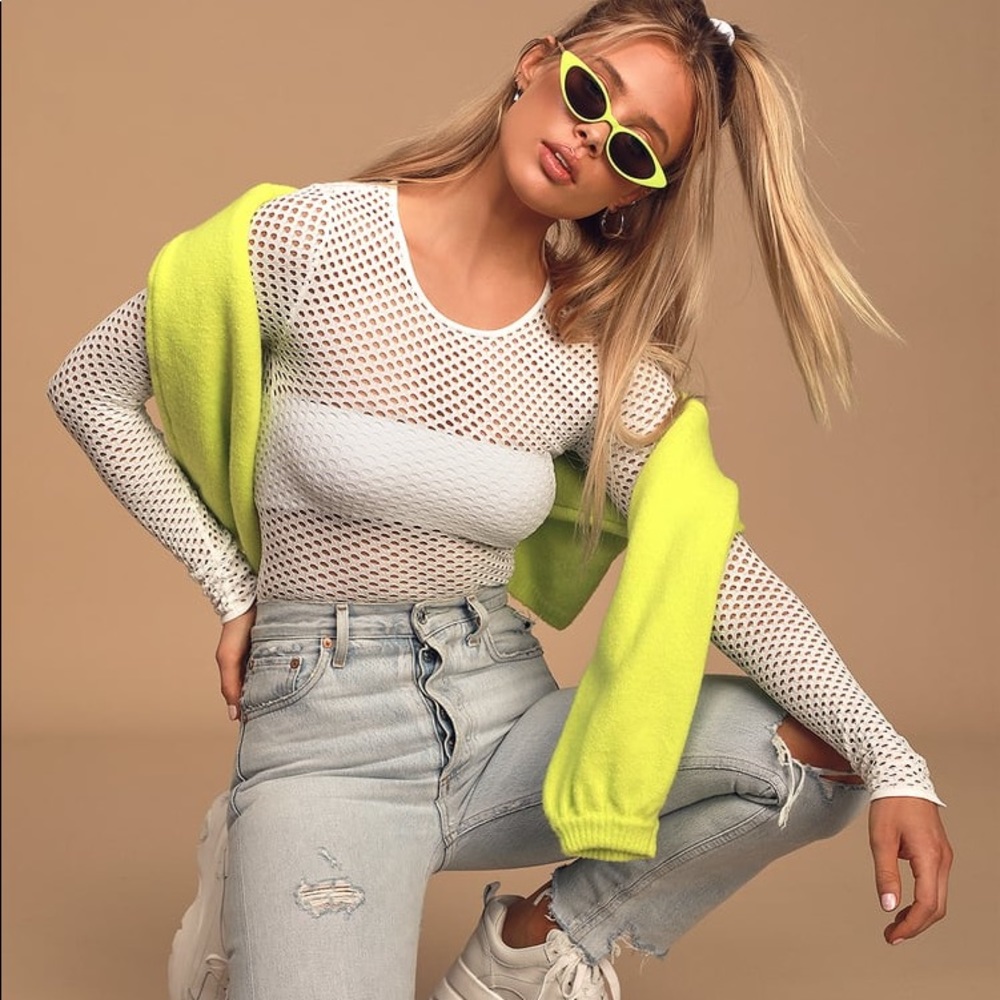 Lulu’s White Pierced Knit Long Sleeve Bodysuit